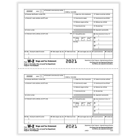 ComplyRight™ W-2 Tax Forms, 2-Up, Employer's Copy D And/Or State, City Or Local Copy 2, Laser, 8-1/2" x 11", Pack Of 4,000 Forms