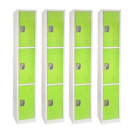 Alpine Large 3-Tier Steel Lockers, 72”H x 12”W x 12”D, Green, Pack Of 4 Lockers