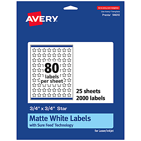 Avery® Permanent Labels With Sure Feed®, 94610-WMP25, Star, 3/4" x 3/4", White, Pack Of 2,000