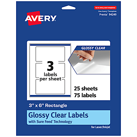 Avery® Glossy Permanent Labels With Sure Feed®, 94249-CGF25, Rectangle, 3" x 6", Clear, Pack Of 75