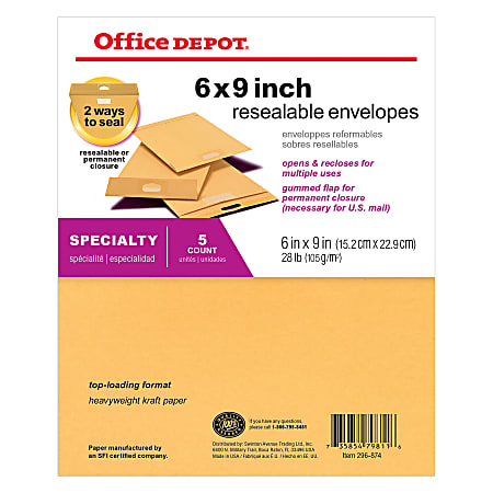 Office Depot® Brand Reusable Seal Catalog Envelopes, 6" x 9", Brown, Pack Of 5