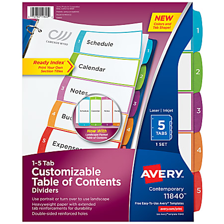 Avery® Ready Index® 1-5 Tab With Customizable Table Of Contents Binder Dividers, 8-1/2" x 11", 5 Tab, White/Multicolor, 1 Set
