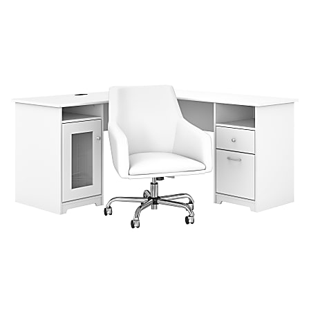 Bush Furniture Cabot 60"W L-Shaped Desk With Mid-Back Leather Box Chair, White, Standard Delivery