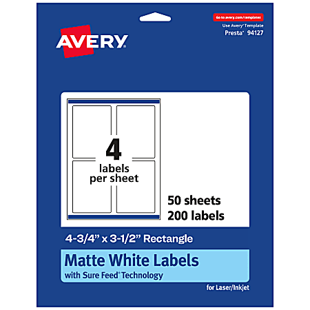 Avery® Permanent Labels With Sure Feed®, 94127-WMP50, Rectangle, 4-3/4" x 3-1/2", White, Pack Of 200