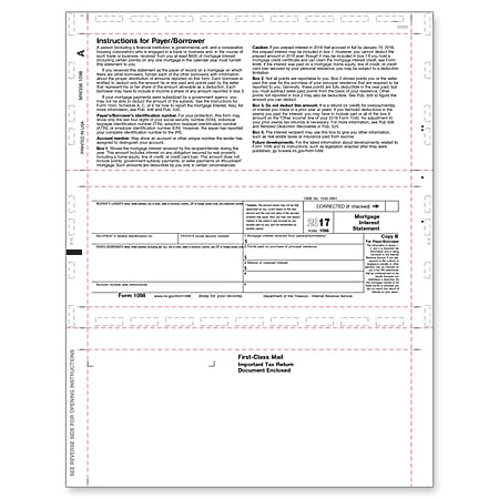 ComplyRight 1098 Inkjet/Laser Tax Forms For 2017, Z-Fold, Recipient Copy B, 8 1/2" x 11", Pack Of 500