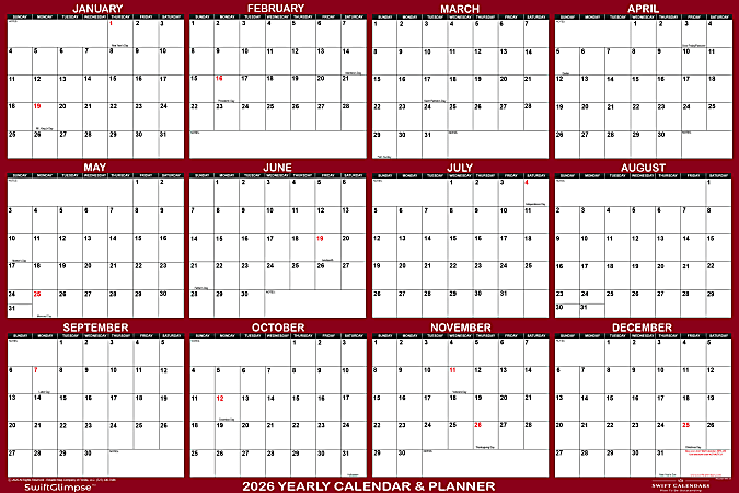 2026 SwiftGlimpse Yearly Erasable Wall Calendar, 36" x 54", White/Maroon, January To December
