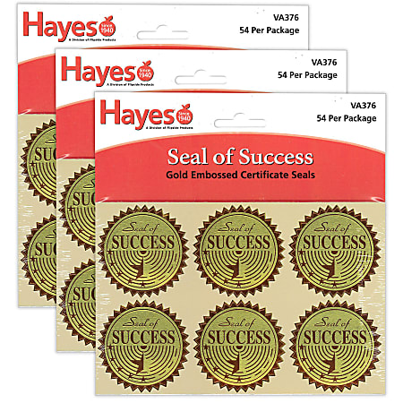 Hayes Publishing Gold Foil Embossed Seals, Seal Of Success, 54 Per Pack, Set Of 3 Packs