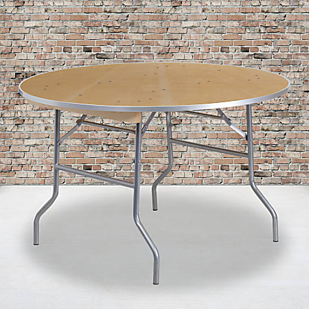 Flash Furniture Round Heavy-Duty Birchwood Folding Banquet Table, 30"H x 48"W x 48"D, Natural/Silver