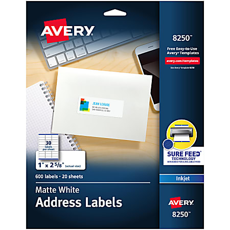 Avery® Address Labels With Sure Feed® Technology, 8250, Rectangle, 1" x 2-5/8", White, Pack Of 600 Labels