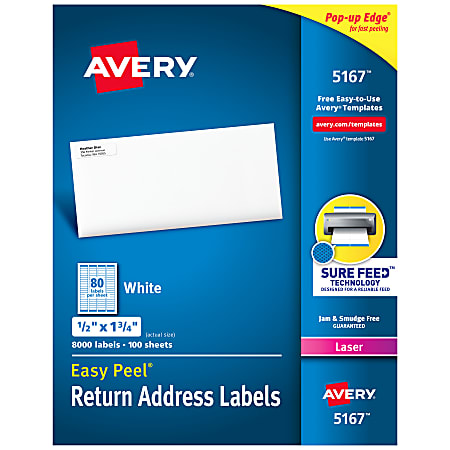 Avery® Easy Peel® Return Address Labels With Sure Feed® Technology, 5167, Rectangle, 1/2" x 1 3/4", White, Box Of 8,000