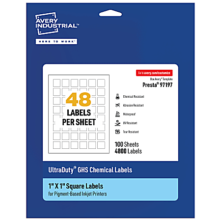 Avery® Ultra Duty® Permanent GHS Chemical Labels, 97197-WMUI100, Square, 1" x 1", White, Pack Of 4,800