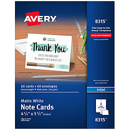 Avery® Printable Note Cards With Envelopes, 4.25" x 5.5", Matte White, 60 Blank Note Cards For Inkjet Printers