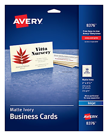 Avery® Printable Business Cards With Sure Feed® Technology For Inkjet Printers, 2" x 3.5", Ivory, 250 Blank Cards