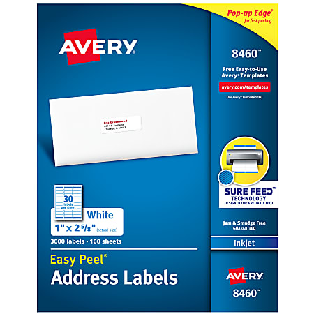 Avery® Easy Peel® White Inkjet Address Labels, 8460, 1