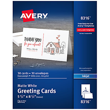 Avery® Printable Greeting Cards With Envelopes, Half-Fold, 5.5" x 8.5", Matte White, 30 Blank Greeting Cards