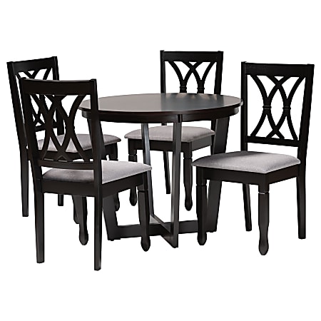 Baxton Studio Aggie Fabric And Finished Wood 5-Piece Dining Set, 29-15/16”H x 35-7/16”W x 35-7/16”D, Gray/Dark Brown