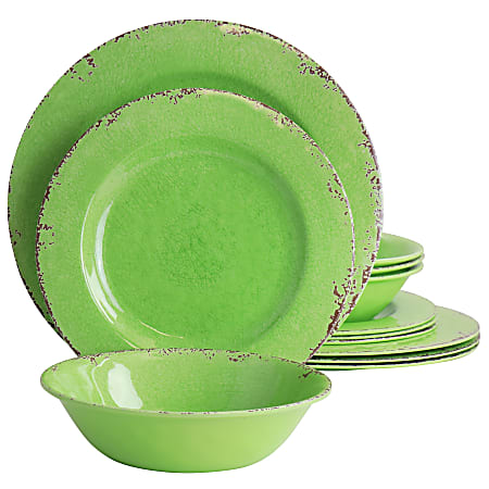 Laurie Gates California Designs Mauna 12-Piece Melamine Dinnerware Set, Crackle Green