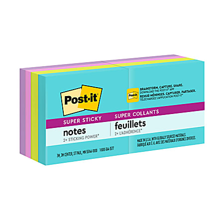 Post-it Super Sticky Notes, 1 7/8 in x 1 7/8 in, 8 Pads, 90 Sheets/Pad, 2x the Sticking Power, Supernova Neons Collection