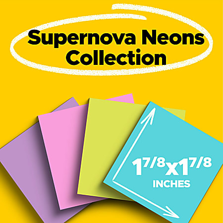 Post-it® Super Sticky Notes, 1 7/8 in. x 1 7/8 in., Supernova Neons  Collection, 8 Pads/Pack, 90 Sheets/Pad