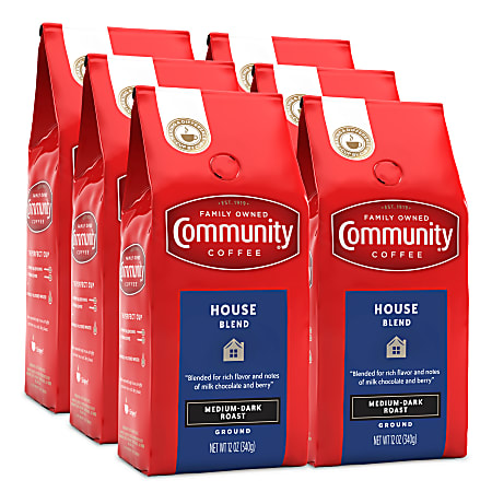 Community Coffee Arabica Ground Coffee, House Blend, 12 Oz Per Bag, Carton Of 6 Bags