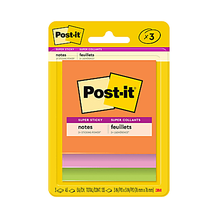 Post-it Super Sticky Notes, 3 in x 3 in, 3 Pads, 45 Sheets/Pad, 2x the Sticking Power, Energy Boost Collection