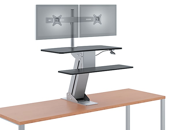 HON® Sit-To-Stand Desk Riser With Dual Monitor Arms, 19" x 31" x 32", Black/Silver