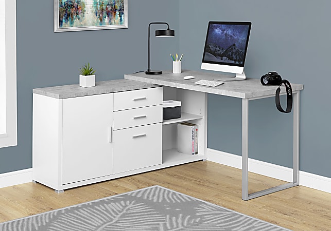 Monarch Specialties 71"W L-Shaped Corner Desk With Cabinet, Gray Cement/White