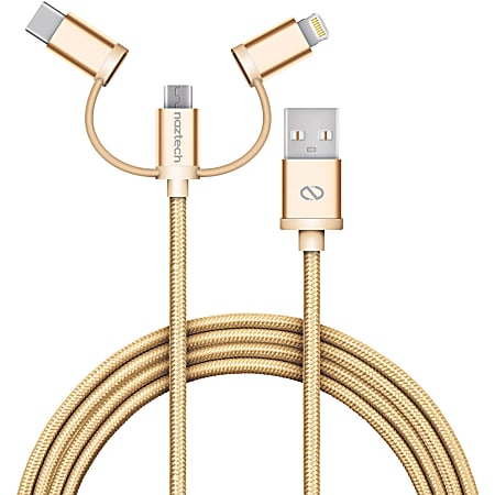 Naztech Braided 3-In-1 Hybrid Lightning And USB Cable, 6', Gold