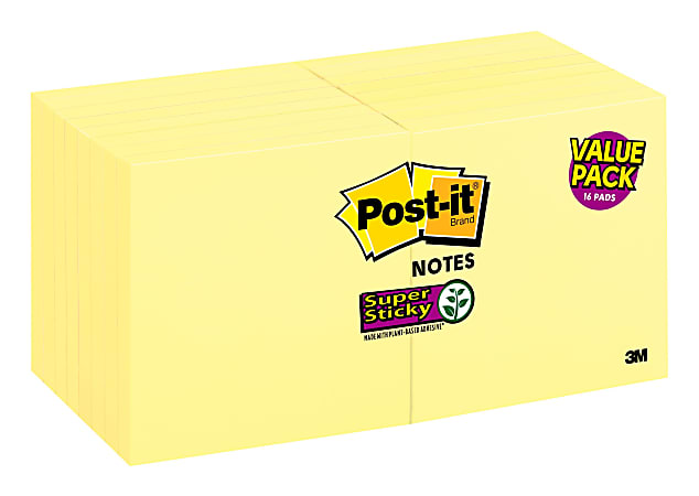 Post-it Super Sticky Notes, 3 in x 3 in, 16 Pads, 90 Sheets/Pad, 2x the Sticking Power, Canary Yellow