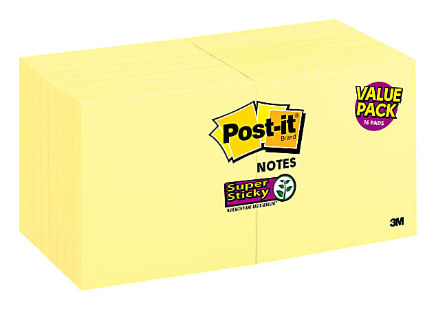 Post-it® Super Sticky Notes, 3 in x 3 in, 16 Pads, 90 Sheets/Pad, 2x the Sticking Power, Back to School Supplies for Students, Sticky Notes for Textbooks, Notebooks, Walls and Vertical Surfaces, Canary Yellow