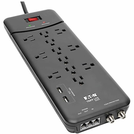 Tripp Lite Protect It! TLP128TTUSBB 12-Outlet Surge Protector with 2 USB Ports, 8&rsquo; Cord Length, Black
