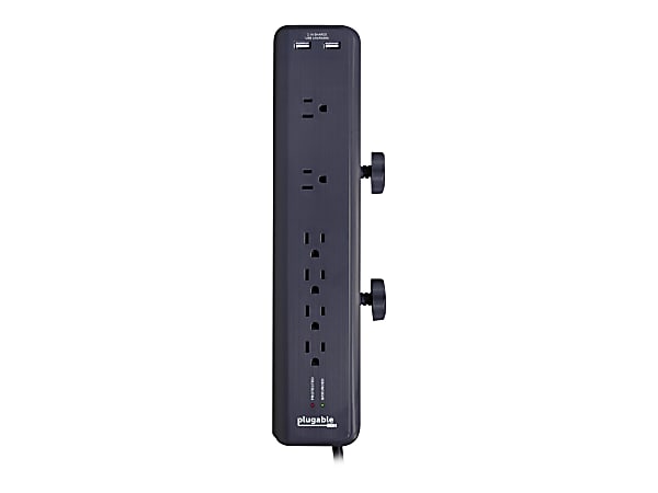 Plugable 6 AC Outlet Surge Protector with Clamp Mount for Workbench or Desk. - Built-In 10.5W 2-Port USB Power for Android, Apple iOS, and Windows Mobile Devices
