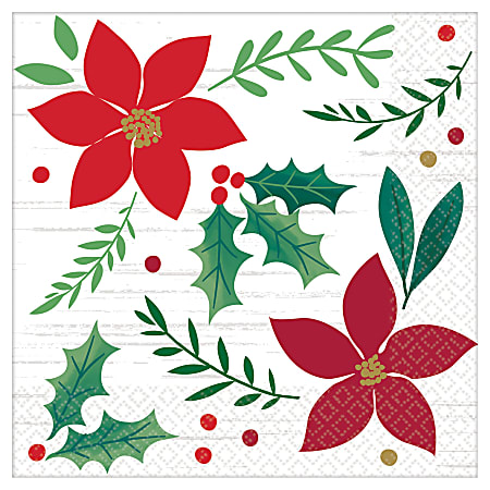 Amscan Christmas Wishes 2-Ply Beverage Napkins, 5" x 5", Red, Pack Of 96 Napkins