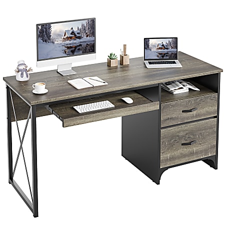 Bestier 56"W Office Desk With Drawers & Tray, Retro Gray Oak Dark