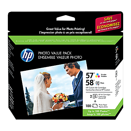 HP 57/58, Tricolor/Photo Ink Cartridges & 100-Sheet Premium Photo Paper Value Pack (Q7952AN)