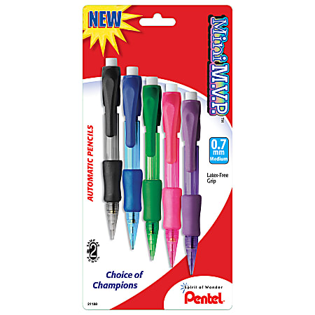 Pentel® Mini M.V.P. Automatic Pencils, 0.7 mm, Assorted Barrels Colors, Pack Of 5