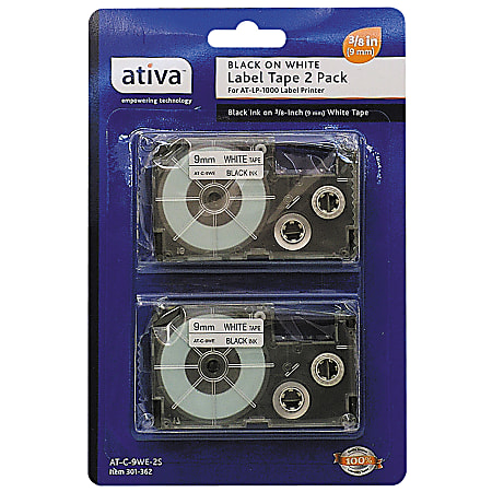 Ativa™ Model 9BWE2 Black-On-White Tapes, 0.38" x 25', Pack Of 2