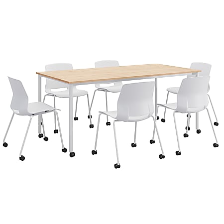 KFI Studios Dailey Table Set With 6 Caster Chairs, Natural Table/White Chairs