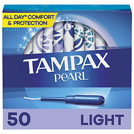 Tampax Pearl Tampons With LeakGuard Braid, Light Absorbency, Unscented, Pack Of 50 Tampons