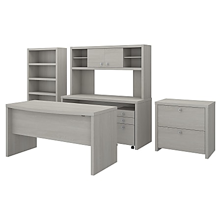 kathy ireland® Office by Bush Business Furniture Echo Bow Front Desk, Credenza With Hutch, Bookcase And File Cabinets, Gray Sand, Premium Installation