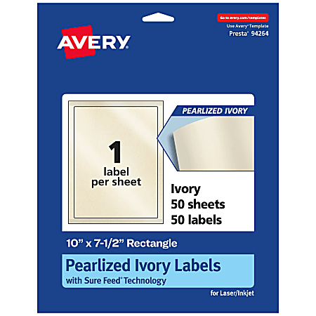 Avery® Pearlized Permanent Labels With Sure Feed®, 94264-PIP50, Rectangle, 10" x 7-1/2", Ivory, Pack Of 50 Labels