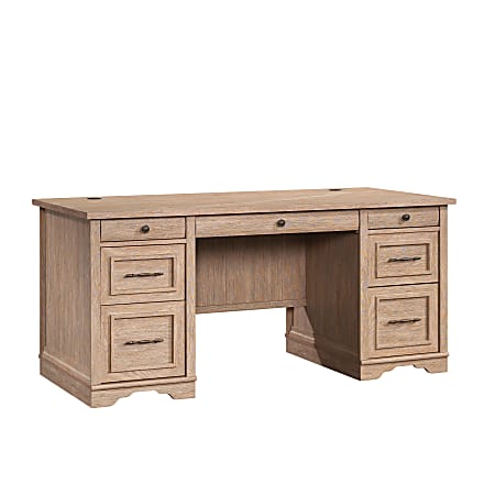 Sauder® Rollingwood 66"W Double-Pedestal Executive Computer Desk With Filing Drawers, Brushed Oak