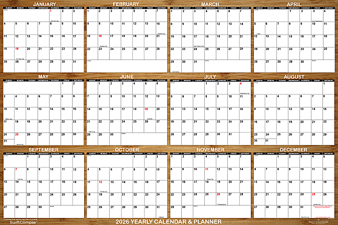 2026 SwiftGlimpse Designer Wall Calendar, 24" x 36", Rustic Light Brown Wood/White, January To December