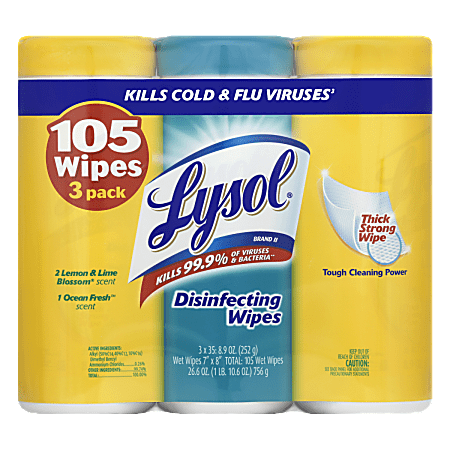 Lysol® Disinfectant Wipes, Lemon And Ocean, 35 Wipes Per Carton, Pack Of 3 Cartons