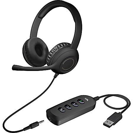 Cyber Acoustics Stereo Headset with USB & 3.5mm - Stereo - Mini-phone (3.5mm), USB Type A - Wired - 20 Hz - 20 kHz - Over-the-head - Binaural - Circumaural - 5 ft Cable - Noise Cancelling, Uni-directional Microphone - Black