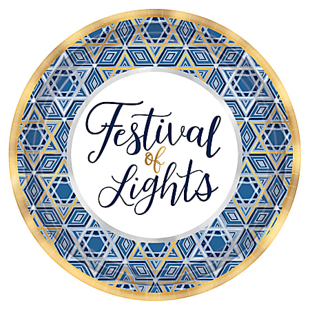 Amscan Hanukkah Festival Of Lights 7" Metallic Plates, Blue, Pack Of 54 Plates