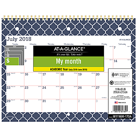 AT-A-GLANCE® Emma Moroccan Monthly Academic Desk/Wall Calendar, 11" x 8 1/2", Navy/White, July 2018 to June 2019