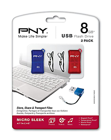 PNY Micro Sleek USB Flash Drive, 8GB, Pack of 2, Blue and Red