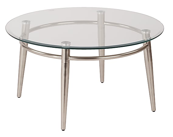 Ave Six Brooklyn Glass-Top Table With Metal Frame, Round Coffee Table, 16"H, Clear/Brushed Nickel