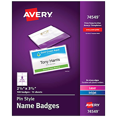 Avery® Customizable Name Badges With Pins, 74549, 2-1/4" x 3-1/2", Clear Name Tag Holders With White Printable Inserts, Pack of 100